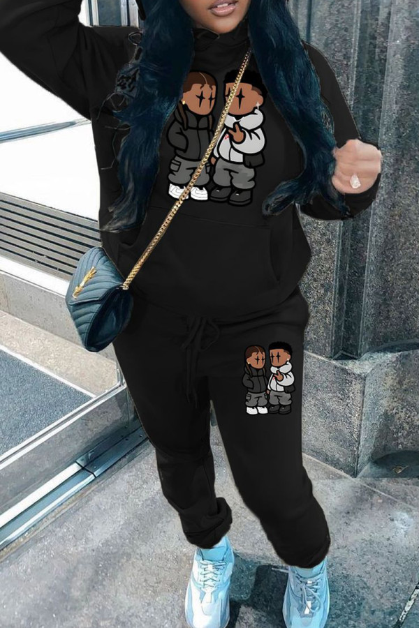 Black Casual Print Pocket Patchwork Hooded Long Sleeve Two Pieces