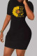 Black Casual Print Patchwork O Neck Wrapped Skirt Dresses