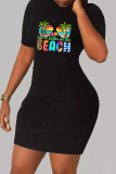 Black Casual Print Patchwork O Neck Wrapped Skirt Dresses