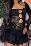 Black Sexy Solid Color Hollow Out Patchwork Square Neck A Line Dresses