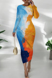 Blue Yellow Casual Print Patchwork O Neck Wrapped Skirt Dresses