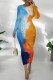 Blue Orange Casual Print Patchwork O Neck Wrapped Skirt Dresses
