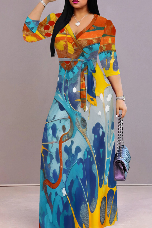 Blue Elegant Print Patchwork Strap Design V Neck Long Dresses