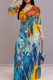 Blue Elegant Print Patchwork Strap Design V Neck Long Dresses