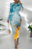 Blue Yellow Casual Print Patchwork O Neck Wrapped Skirt Dresses