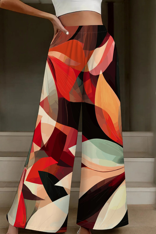 Colour Casual Print Patchwork Loose High Waist Wide Leg Full Print Bottoms
