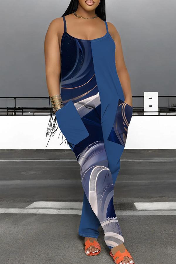 Dark Blue Casual Print Pocket Patchwork Spaghetti Strap Loose Jumpsuits