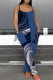 Dark Blue Casual Print Pocket Patchwork Spaghetti Strap Loose Jumpsuits