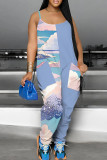 Red Casual Print Pocket Patchwork Spaghetti Strap Loose Jumpsuits