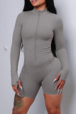 Grey Sexy Solid Color Patchwork Zipper Zipper Collar Skinny Rompers