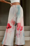 White Casual Print Patchwork Loose High Waist Wide Leg Full Print Bottoms