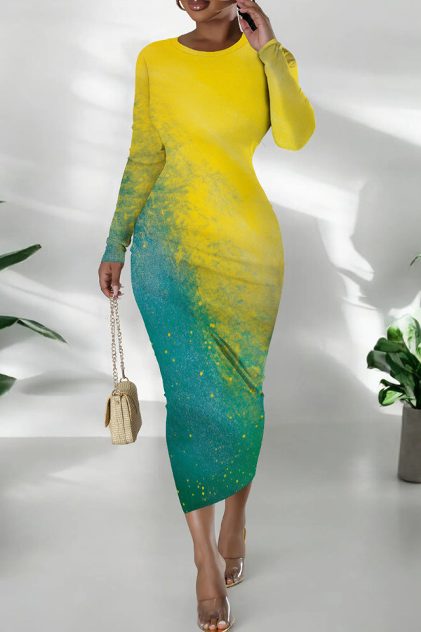 Green Yellow Casual Print Patchwork O Neck Wrapped Skirt Dresses