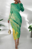 Blue Yellow Casual Print Patchwork O Neck Wrapped Skirt Dresses