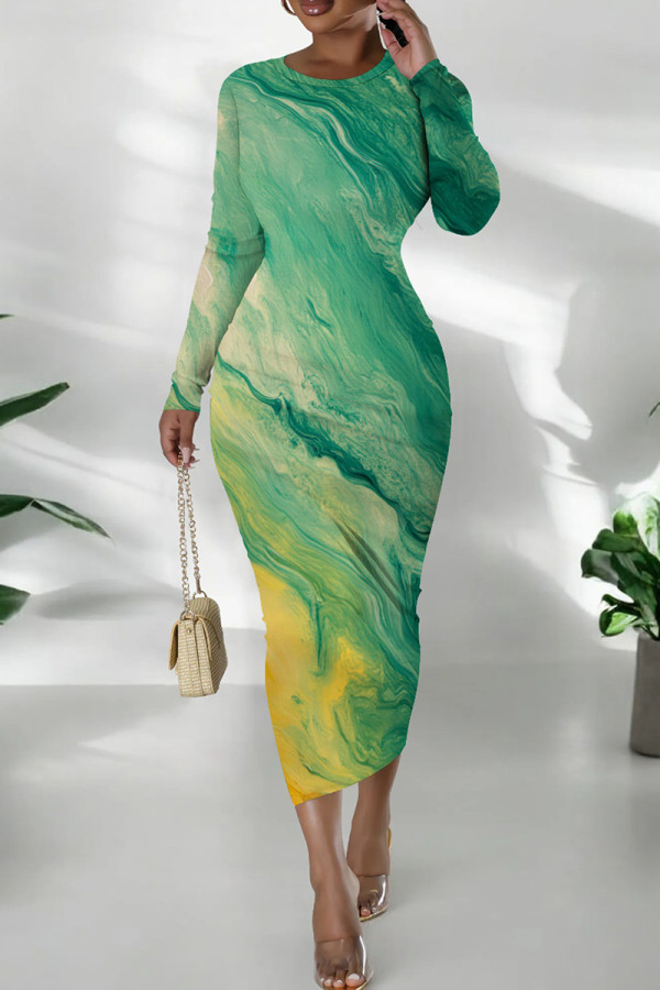 Green Casual Print Patchwork O Neck Wrapped Skirt Dresses