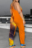 Yellow Casual Print Pocket Patchwork Spaghetti Strap Loose Jumpsuits