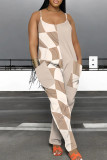 Red Casual Print Pocket Patchwork Spaghetti Strap Loose Jumpsuits