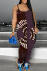 Dark Brown Casual Print Pocket Patchwork Spaghetti Strap Loose Jumpsuits