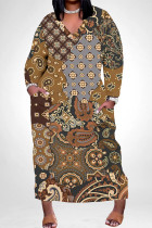 Brown Casual Colorblock National Totem Print Pocket Contrast V Neck Printed Plus Size Dresses