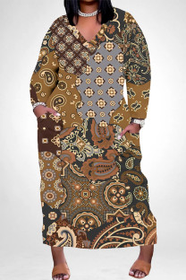Brown Casual Colorblock National Totem Print Pocket Contrast V Neck Printed Plus Size Dresses