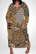 Brown Casual Colorblock National Totem Print Pocket Contrast V Neck Printed Plus Size Dresses
