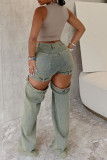 Blue Yellow Casual Solid Color Hollow Out Distressed Pocket Patchwork High Waist Straight Denim Jeans