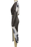 Grey Casual Print Patchwork Slit Half A Turtleneck Long Sleeve Two Pieces