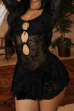 Black Sexy Solid Color Hollow Out Patchwork Square Neck A Line Dresses