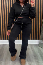 Black Casual Solid Color Patchwork Zipper Zipper Collar Long Sleeve Two Pieces