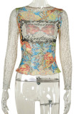 Yellow Casual Print Patchwork O Neck Tops