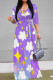 Purple Elegant Print Patchwork Strap Design V Neck Long Dresses