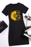 Black Casual Print Patchwork O Neck Wrapped Skirt Dresses