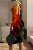Green Casual Print Patchwork O Neck Wrapped Skirt Dresses