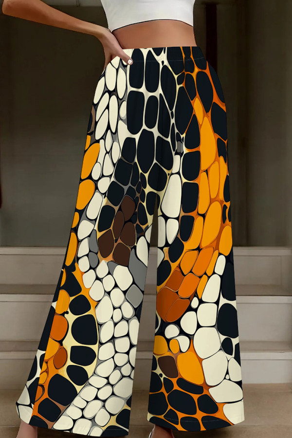 Yellow White Casual Print Patchwork Loose High Waist Wide Leg Full Print Bottoms