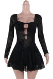 Black Sexy Solid Color Hollow Out Patchwork Square Neck A Line Dresses