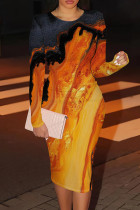 Orange Casual Print Patchwork O Neck Wrapped Skirt Dresses