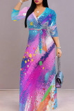 Colour Elegant Print Patchwork Strap Design V Neck Long Dresses