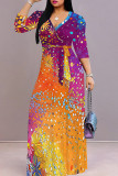 Purple Elegant Print Patchwork Strap Design V Neck Long Dresses