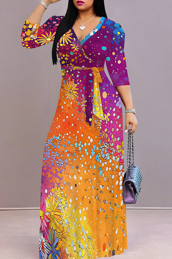 Orange Purple Elegant Print Patchwork Strap Design V Neck Long Dresses