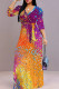 Orange Purple Elegant Print Patchwork Strap Design V Neck Long Dresses