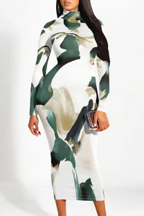 Ink Green Casual Street Colorblock Striped Print Contrast Half A Turtleneck Dresses
