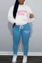 White Blue Casual Letters Pocket Patchwork Contrast Hooded Long Sleeve Two Pieces