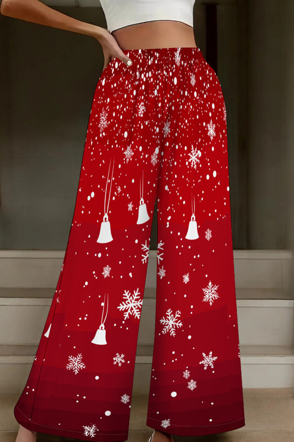Red White Casual Print Patchwork Loose High Waist Wide Leg Full Print Bottoms