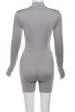 Grey Sexy Solid Color Patchwork Zipper Zipper Collar Skinny Rompers