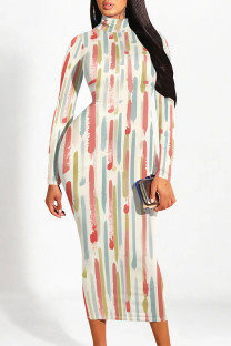 White Red Casual Street Colorblock Striped Print Contrast Half A Turtleneck Dresses