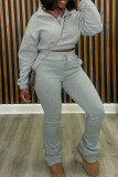 Grey Casual Solid Color Patchwork Zipper Zipper Collar Long Sleeve Two Pieces