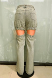 Blue Yellow Casual Solid Color Hollow Out Distressed Pocket Patchwork High Waist Straight Denim Jeans
