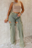 Blue Yellow Casual Solid Color Hollow Out Distressed Pocket Patchwork High Waist Straight Denim Jeans