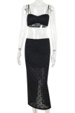 Black Sexy Solid Color Patchwork Cardigan Collar Long Sleeve Three Pieces