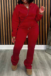 Red Casual Solid Color Patchwork Zipper Zipper Collar Long Sleeve Two Pieces