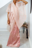 Pink Casual Solid Color Patchwork See-Through V Neck T-Shirts